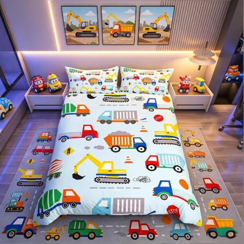 Homemissing Set di biancheria da letto di cartoni animati Attrezzature per camion Copripiumone Set Auto Escavatore Trattore Copripiumino Veicoli da costruzione Copriletto Copertura Decor Matrimoniale