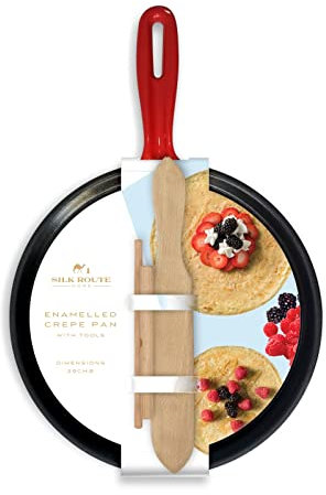 Silk Route Home - Padella per crêpe e pancake in ghisa, antiaderente, 25 cm, con spalmatore e spatola, in ghisa prestagionata resistente per crepes, frittelle, omelette e altro