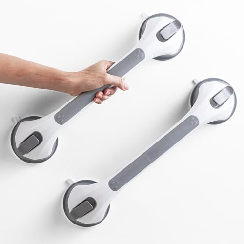 LEVERLOC Succion Poignée Ventouse Lot de 2, 43 CM Douche Barre d'appui pour Baignoire, 110 KG Poignées de Sécurité pour Salle De Bain, Seniors, Personnes Âgées, Barre de Maintien Amovible, Gris