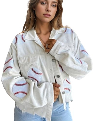 Xunger Women’s Cropped Corduroy Jackets Baseball Sequin Patched Raw Hem Short Button Down Jacket Coat(1043-White-M-RD)
