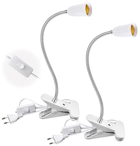 WIYETY E27 Lampenfassung mit Clip: 2 Stück E27 Klemmleuchte 360° Verstellbarer Schwanenhals, E27 klemmleuchte Langes Kabel mit Schalter und Stecker, Weiß (Ohne Glühbirne)