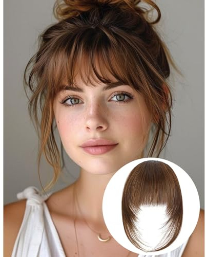 VAVANGA French Bangs Hair Clip on, Medium Brown Long Wispy Bangs with Temples Natural Fringe Neat Bangs Hair Clip-in Hair Piece Long Bangs Clip in Hair Extensions for Women(#2/30)