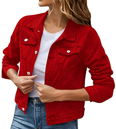 Damen-Jeansjacken Einfarbig Langarm Jacket Kurze Geknöpft Kurzjacke Jacke Jeans Revers Denim Mädchen Jeansjacken Jeansjacke Übergangsjacke Frühlingsjacke Damenjacken Rot M