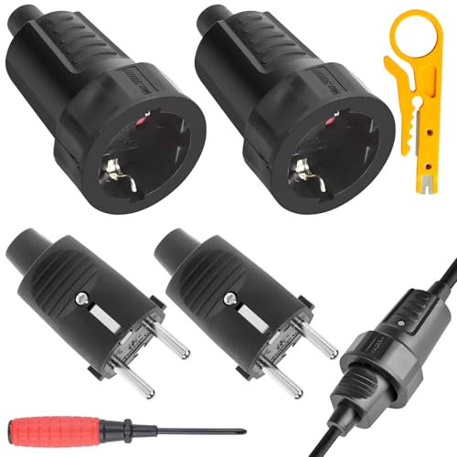 HTTYHT 2 Paar Schutzkontakt Stecker und Kupplung 250V 16A IP44 Schukostecker Kupplung Set mit Knickschutz 2 Polig Schuko Stecker Kupplung Gummi Schutzkontaktstecker Schwarz Aussenbereich Wasserdicht
