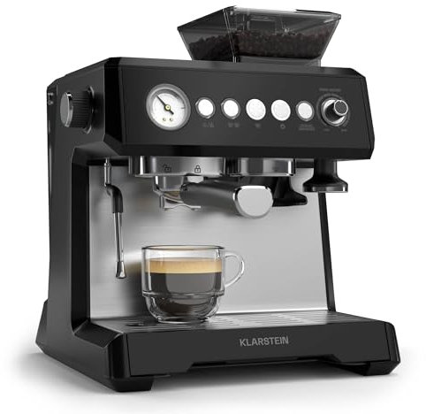 Klarstein GrandPresso Cafetera Espresso – 20 Bares, 1350W, Molinillo Integrado, Boquilla de Vapor, Depósito 2,3L, Carcasa Robusta, Negro, Cafetera Barista Profesional