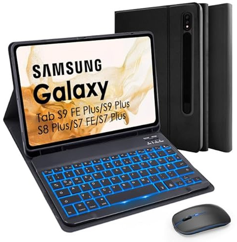 SOPPY Tastaturhülle mit Maus für 12,4'' Samsung Galaxy Tab S10+/S9 FE+/S9 Plus/S8+/S7+/S7 FE, Hülle mit Tastatur & Maus Kabellose Bluetooth Tastatur Schutzhülle -Deutsches QWERTZ, Schwarz Beleuchtet
