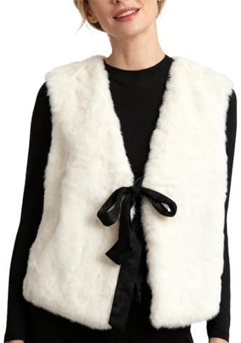 Amazhiyu Veste en fausse fourrure pour femmes, gilet sans manches en fausse fourrure duveteuse pour hiver et printemps, cardigan à nouer décontracté, gilet en fausse fourrure léger, blanc, S