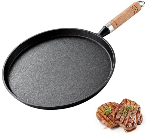 Gjutjärnspanna, grillpanna, gjutjärnspanna med trähandtag, rund stekpanna i gjutjärn, liten stekpanna i gjutjärn, stekpanna för gasgrill, gas, camping utomhus matlagning (diameter 26 cm)