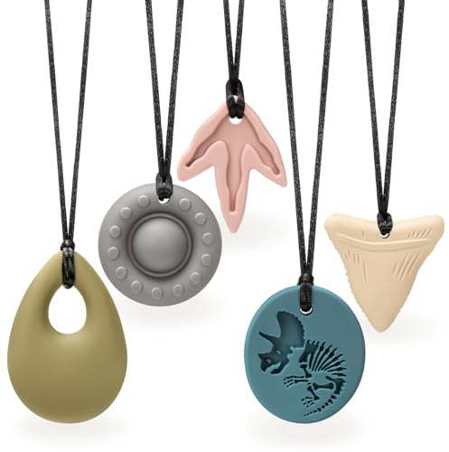 CLDY Collana sensoriale da masticare per autismo e ADHD – Confezione da 5 giocattoli da masticare in silicone per uso alimentare per bambini, senza BPA, massaggiagengive orale per ragazzi e ragazze