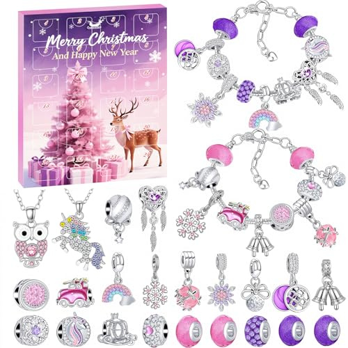 Homgaty Smycken adventskalender - 2025 jularmband tillverkning kit, 24 dagar nedräkningskalender gör-det-själv berlock armband set med 22 berlocker, 4 kedjor och presentask, kit för