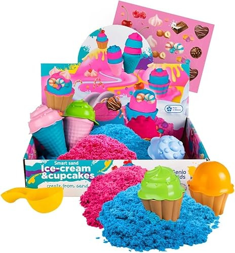Genio Kids Knetsand 1kg Set Cupcakes & Eiscreme - Pink und Blau Sandknete Magischer Sand, 8 Zubehör - Zaubersand Knete Sand Weihnachtsgeschenke für Kinder, Mädchen und Jungen (classic) (New)