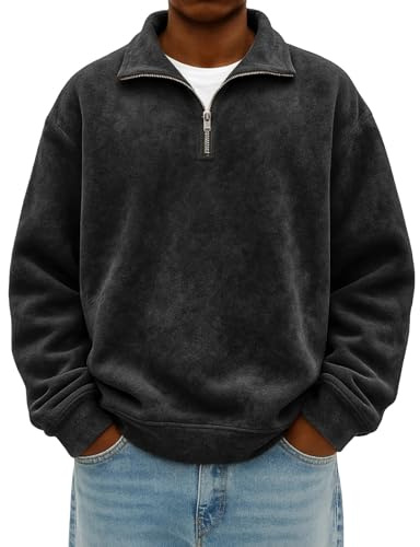Generico Felpa Uomo con Zip Senza Cappuccio Pullover in Pile Foderato Calda Manica Lunga Felpe con Cerniera A 1/4 Felpa Lavoro Dolcevita Maglione Pesante Antivento Atletica Casual Taglie Forti