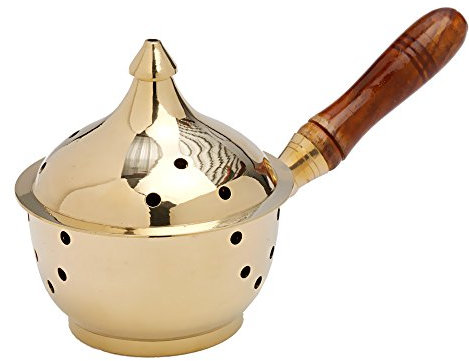NKlaus Räucherpfanne mit Holzgriff Duftstäbchen Weihrauchbrenner Messing Gold neu 7582