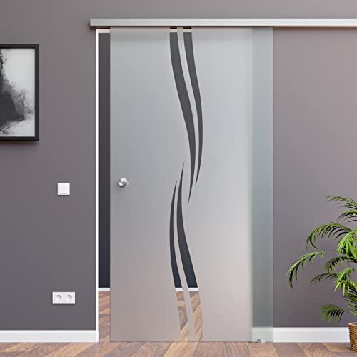 BM2-775-KNAUF-AS: Schiebetürsystem mit ESG 775x2050x8mm Dekor M2, Siebdruck; Schienensystem ALU SlimLine SoftStop; Knaufmuschel