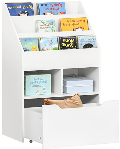 HOMCOM Kinder Bücherregal Kinderregal mit Schublade, 3 Ablagefächern und 2 offenen Fächern, Aufbewahrungsregal für Kinderzimmer, Spielzimmer, Weiß, 60 x 29,9 x 90 cm