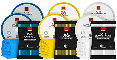 Polierpad Set: Rupes Bigfoot Polierschwamm für 150mm Stützteller - D-A Coarse + Fine + Ultrafine Ø150-180mm blau/gelb/weiß (6 STK.) + ChemicalWorkz Premium Poliertuch 500GSM | 9-teilig