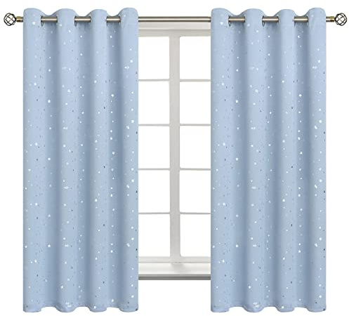 BGment Star Room Darkening Curtains for Kids Bedroom - Grommet Thermal Insulated Silver Star Print Kids Curtains for Living Room, Set of 2 Panels, Baby Blue, 52 x 63 Inch