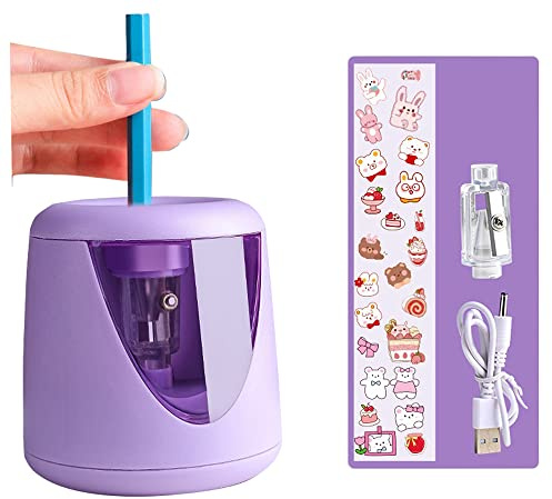 AZLNRMU - Temperamatite elettrico dal design carino con salvavite adatto per matite colorate (6-8,5 mm), lama per affilare rapidamente, regalo per studenti, scuola elementare/ufficio (viola)