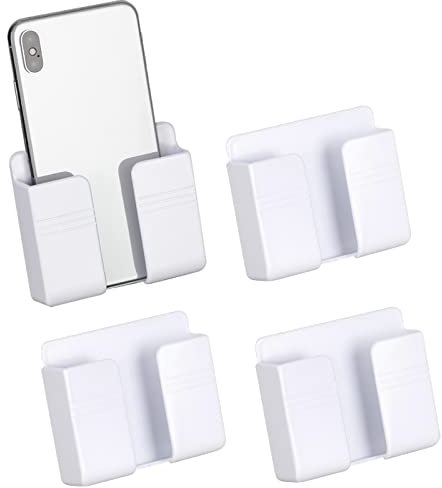 CIOUYAOS 4PCS Wall Mount Phone Holder with Adhesive, Charging Stand Holders with Data Cable Receiving Hole, Multipurpose Control Storage Box for Waterproof Shower, Bed, Bedside Shelf (White)