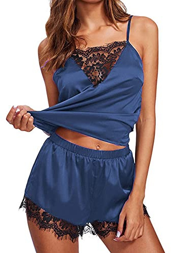 KOEMCY Ensembles de Pyjama pour Femme Ensemble Transparente Bordure en Dentelle Satin Sling Nightdress V Profond Caraco Short Sexy Lingerie Nuisette Set