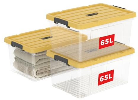 Cetomo 65L*3 Caja de Almacenamiento con Asa, Caja de Plástico con Tapa y Cierre Seguro, Contenedor de Almacenamiento Grande, Duradera, Apilable, Resistentes, Amarillo & Claro, Paquete de 3 de 65L