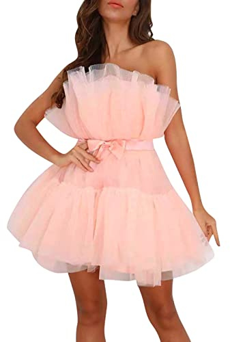 Mini robe de bal courte en tulle à volants avec nœud - Mini jupe en maille - Robe de soirée élégante - Mini jupe en maille - Sans manches - Dos nu - Épaules dénudées, Rose, S