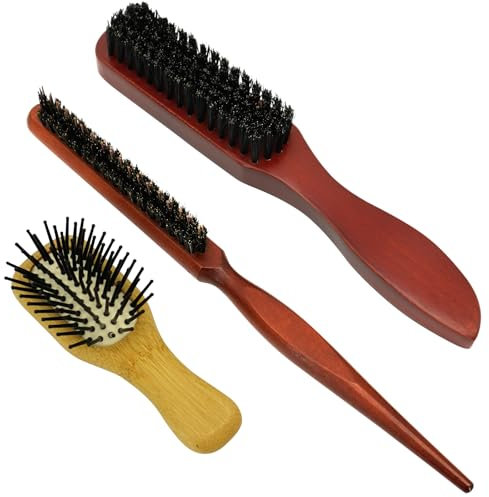 RAFIYU Brosse Cheveux Poils de Sanglier 3Pcs Brosse Plaquante Cheveux Brosse a Chignon, Brosse pour Plaquer les Cheveux pour Femme et Homme Pour Entretien des Cheveux et de la Barbe