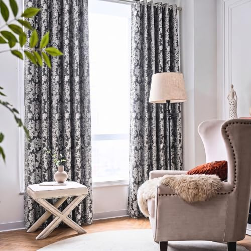 OpulentDreams Jacquard Curtains - Heavy Ring Top Window Curtains for Bedroom & Living Room - Fully Lined - Includes Two Tie Backs - Pair of Panels (Dark Grey - Eyelet, 66 x 72 (167 x 183 cm))