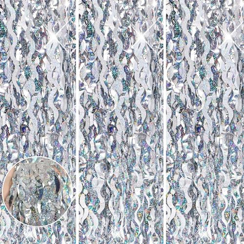 3pcs Glitter Silver Tinsel Backdrop, 1 * 2m Wave Foil Door Decoration, Shimmer Foil Party Fringe Curtain Tinsel Backdrop for Birthday, Hen Do, Bachelorette, Christmas Party