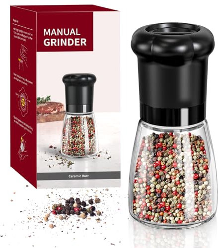 CIRCLE JOY Manuelle Pfeffermühle, Gewürzmühle für Profikoch, Nachfüllbare Pfefferstreuer mit Keramikklingen, Einstellbare Körnung und BPA-freier 180ml Glasbehälter, Kurz Schwarz