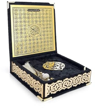 ihvan online, The Holy Qur'an Set, caja de regalo de oración islámica con Corán cubierto de terciopelo de tamaño de bolsillo, Tesbih, tapa interior nombres de Alá (Asmaul Husna), 3 piezas para regalos