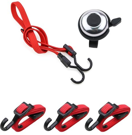 3 Piezas Cuerda Elástica, DEANKEJI Rojo Cinchas de Amarre Pequeñas, Tensor Cuerda, Viene con Timbre de Bicicleta, para Ataduras de Equipaje de Bicicletas, Motocicletas y Vehículos Todoterreno