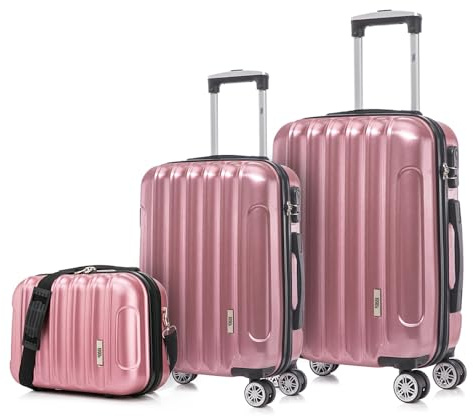 1990s Set de 3 valises de Voyage Cabine 55x39x21cm (45L), Moyenne 65cm, Trousse de Toilette, Valise Rigide Polycarbonate - Or rosé
