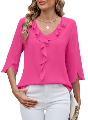 ABINGOO Donna Chiffon Camicetta 3/4 Manica Scollo a V Volant Tunica Tinta Unita Elegante Lavoro Tops(Rosa,L)