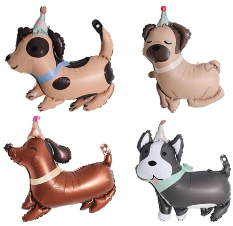 ZMDMAH 4 stycken hundar födelsedag ballonger djur barnfödelsedag dekoration ballong djur folieballong hund födelsedag helium ballonger husky, mops, taxla ballong