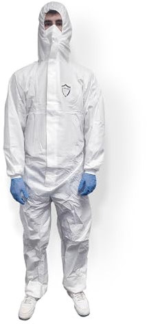OneProtek Combinaison de Protection Jetable Type 5-B/6-B Protection Chimique, Biologique, Bricolage, Peinture - Fermeture éclair avec rabat - Taille L, Blanc (5 pièces)