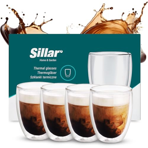 Sillar Vasos de Café Doble Pared 4 Piezas 350ml, Transparente Tazas de Café Resistentes al Calor