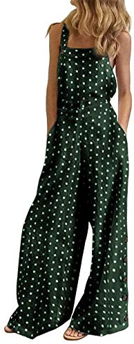 YIzdegg jumpsuit damer sommar tryckt prickiga hängselbyxor ärmlös sommarbrögg overall vida ben damer overall mjuk och ventilerande sparkbyxor sidoknapp lös onepiece med fickor, Grön, L