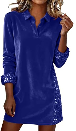 Robe courte en velours à col polo avec bordure de paillettes - Manches longues coupe ample pour les fêtes d'automne et d'hiver, bleu, XL
