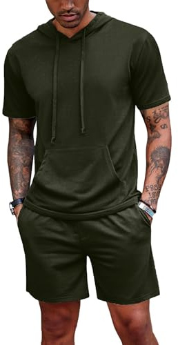 QUNERY Tute Estive Uomo Completo Uomo Estivo Spiaggia Tuta Da Tempo Libero 2 Pezzi Felpa con Cappuccio mit tasca + Pantaloncini Set Verde Militare M