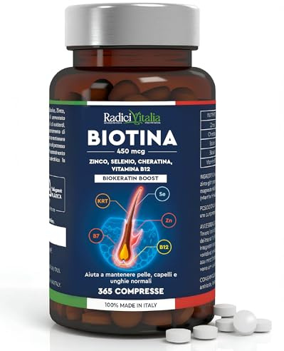 Biotina Zinco e Selenio 450mcg Integratore Vitamina B12 365 Compresse Mantenimento Capelli Pelle Unghie Sani e Robusti con Cheratina Biokeratin Boost 1 Anno di Trattamento RadiciVitalia Made in Italy