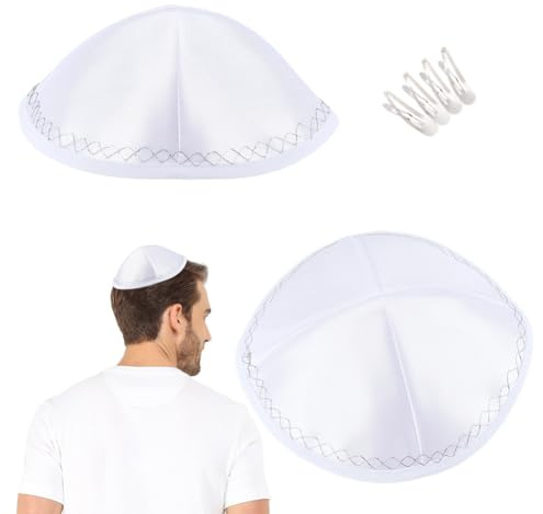 FINGERINSPIRE 2PCS Jewish Hat 16.5cm White Polyester Kippah with 4PCS Metal Clips Traditional Round Yarmulke for Men Jewish Head Covering with Silver Decorative Trim for Daily Wear