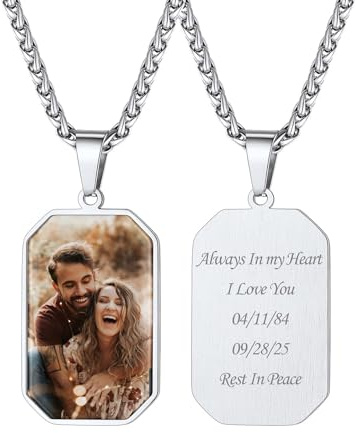 Custom4U Collana Personalizzata con 1/2 Foto Nome/Testo Incisione Laser Ciondolo Rotondo Colore Argento/Nero/Oro Regalo Commemorativo