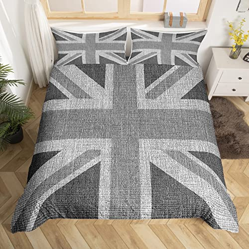 Loussiesd Bettwäsche-Set mit britischer Flagge, Motiv: Union Jack, grau, UK-Flagge, Bettwäsche-Set für Kinder und Erwachsene, geometrisch, ultraweich, Einzelbett-Reißverschluss