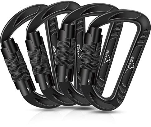BEIFENG Heavy Duty Lightweight Locking Carabiner Clips D Ring for Camping Hiking Outdoor Gym etc, Carabiner with Lock Small Carabiners for Dog Leash & Harness (Auto Locking Black-4Pcs)