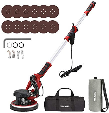 hzexun Lijadora de Pared, Lijadora de Techo 1390W, 5 Velocidades Ajustables, 12 Lijas, Sistema de Autolimpieza, Mango Telescópico 2M