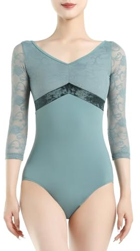 flexdans Damen Ballettkleidung 3/4 Ärmellos, Ballett Trikot Tanzbody Turnanzug für Erwachsene (D006-Grau Grün-M)