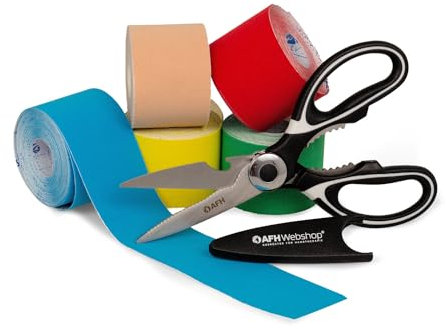 AFH Aktiv Tape® | Kinesiologie Tape 5,00 cm x 5 m | 5er SET Farbmix Spar-Aktion (Farbe nicht wählbar) | Gratisbeilage Tape und Allzweckschere