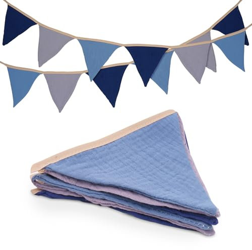 jijAcraft Wimpelkette Kinderzimmer Blau Grau, 1.9M Stoff Wimpelkette aus Musselin Baumwolle, Doppelseitig Stoffgirlande Kinderzimmer Deko Junge, Girlande Kinderzimmer für Fenster, Babyzimmer