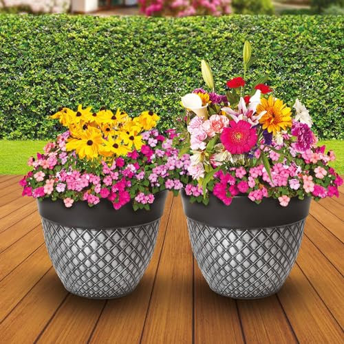 My Garden Plant Flower Pot Set of 2 Indoor & Outdoor 30CM Plastic Plant Pots With Drainage Holes Lightweight Easy To Move Plant Pots Garden Decoration Herb Orchid Planting Pot (Silver Latic Effect)